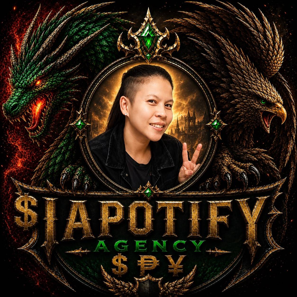 Owner-supplied SIAPOTIFY AGENCY portrait artwork with an emerald dragon and gold eagle